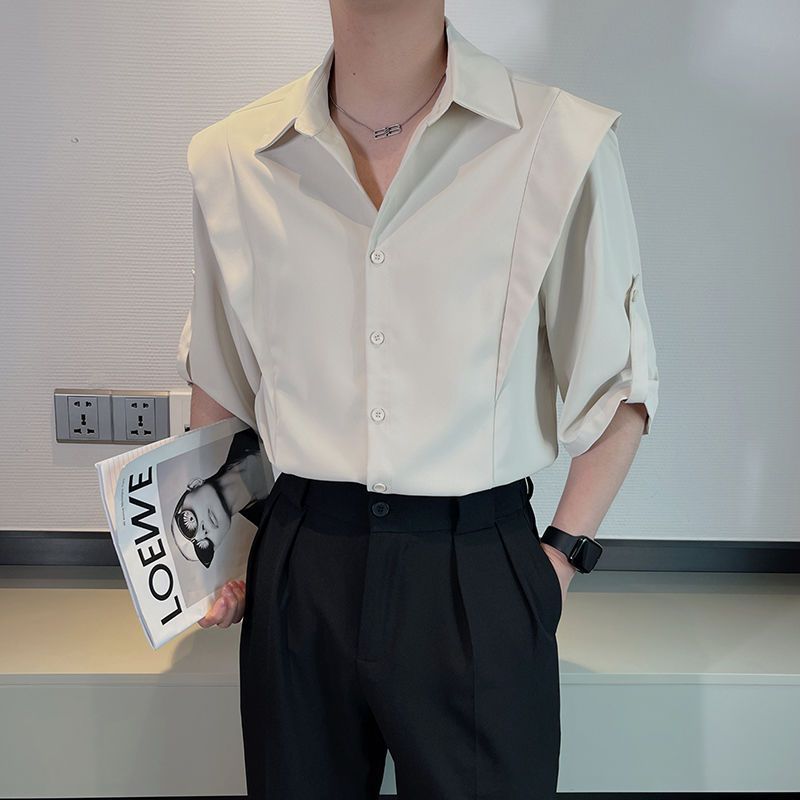 Chemise homme en soie glacée premium, manches 3/4, look élégant pour le travail ou le week-end, confortable et infroissable, chemisier unisexe à empiècements