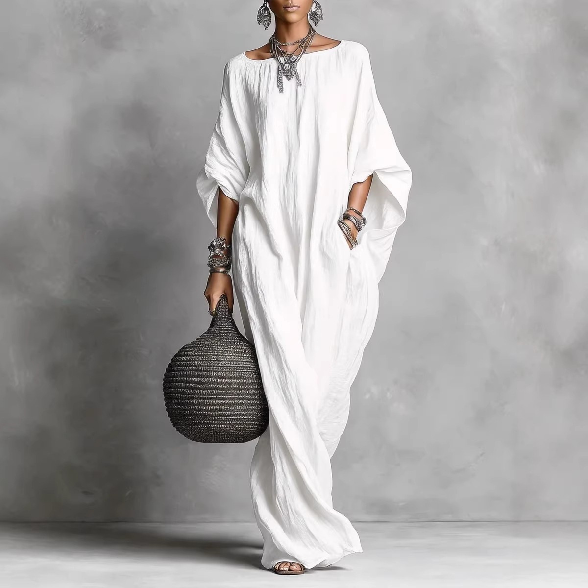 Robe longue kaftan multicolore en mélange de lin, coupe ample, manches chauve-souris, avec poches, style bohème décontracté pour femme