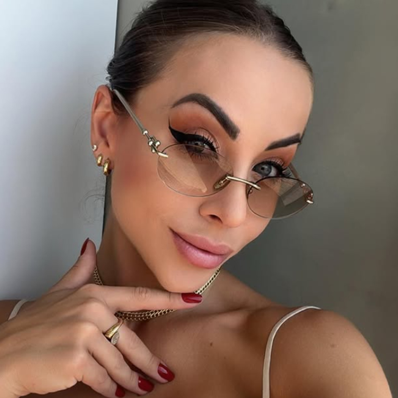 Lunettes de soleil ovales sans cadre pour femmes, marque de luxe, mode, petite monture métallique, rondes, sans bords, nuances élégantes, UV400
