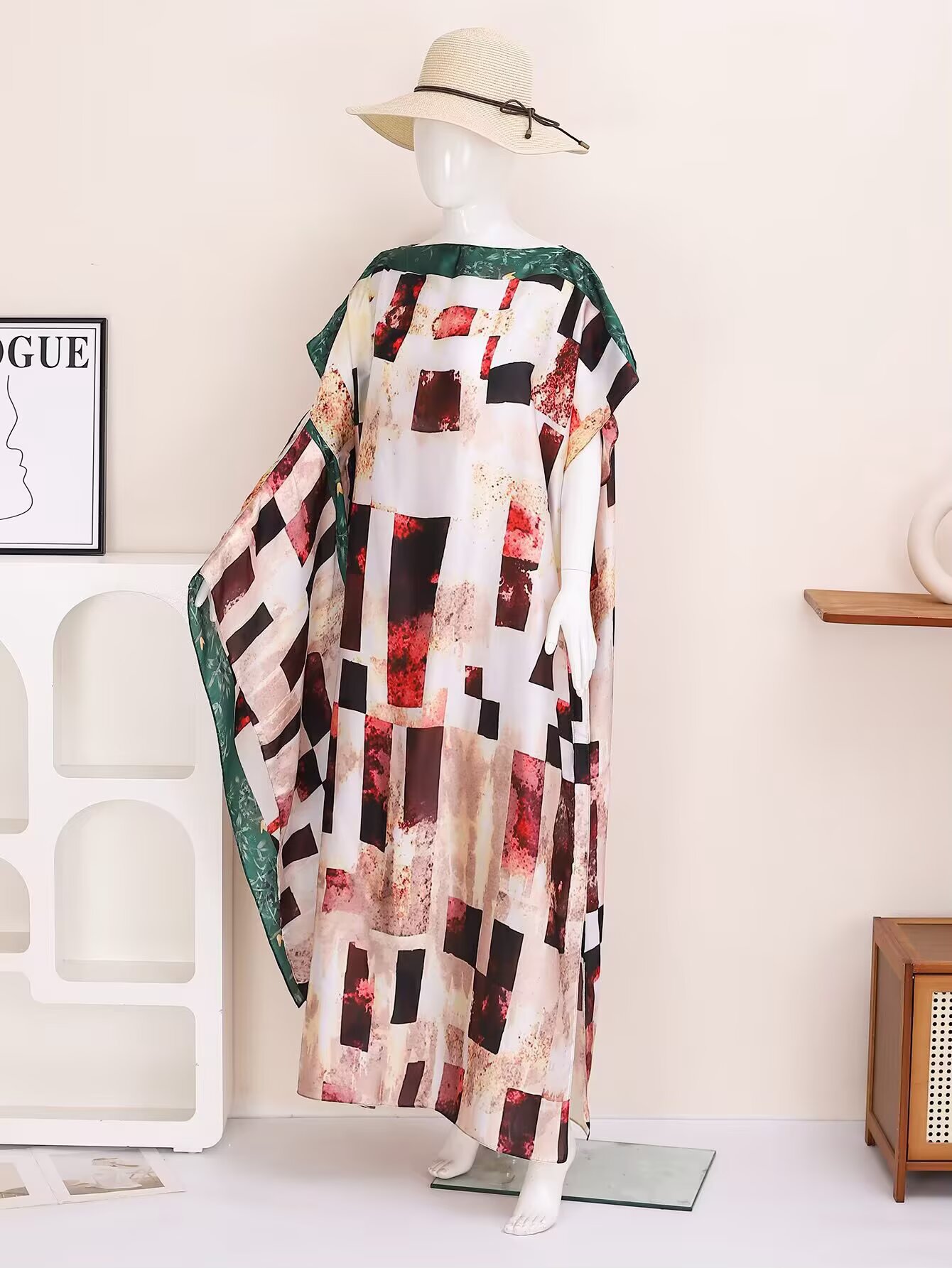 Robe Kaftan en Soie Imprimée Ramadan Plus, Vêtement Africain pour Femmes, Magnifique Robe Maxi à Col Rond et Manches Courtes avec Hijab
