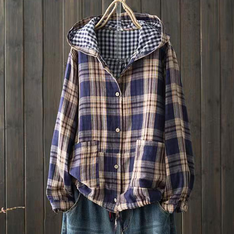 Chemises à carreaux à boutonnage simple à manches longues pour femmes, chemisiers grande taille, chemise surdimensionnée, haut à capuche, automne, printemps, 600
