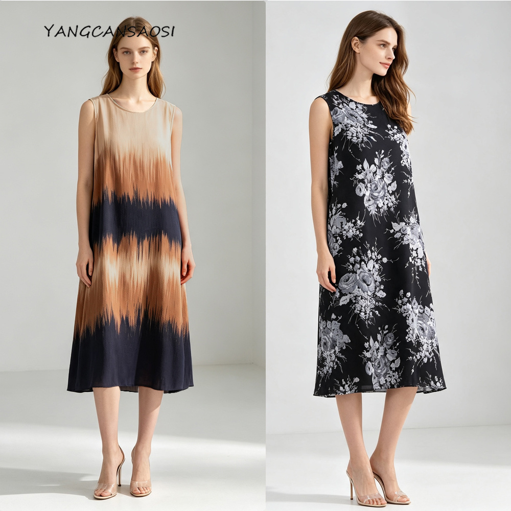 Robe sans manches à col rond en crêpe de soie de mûrier 100 % naturelle, couleur dégradée simple, grande taille, douce pour la peau