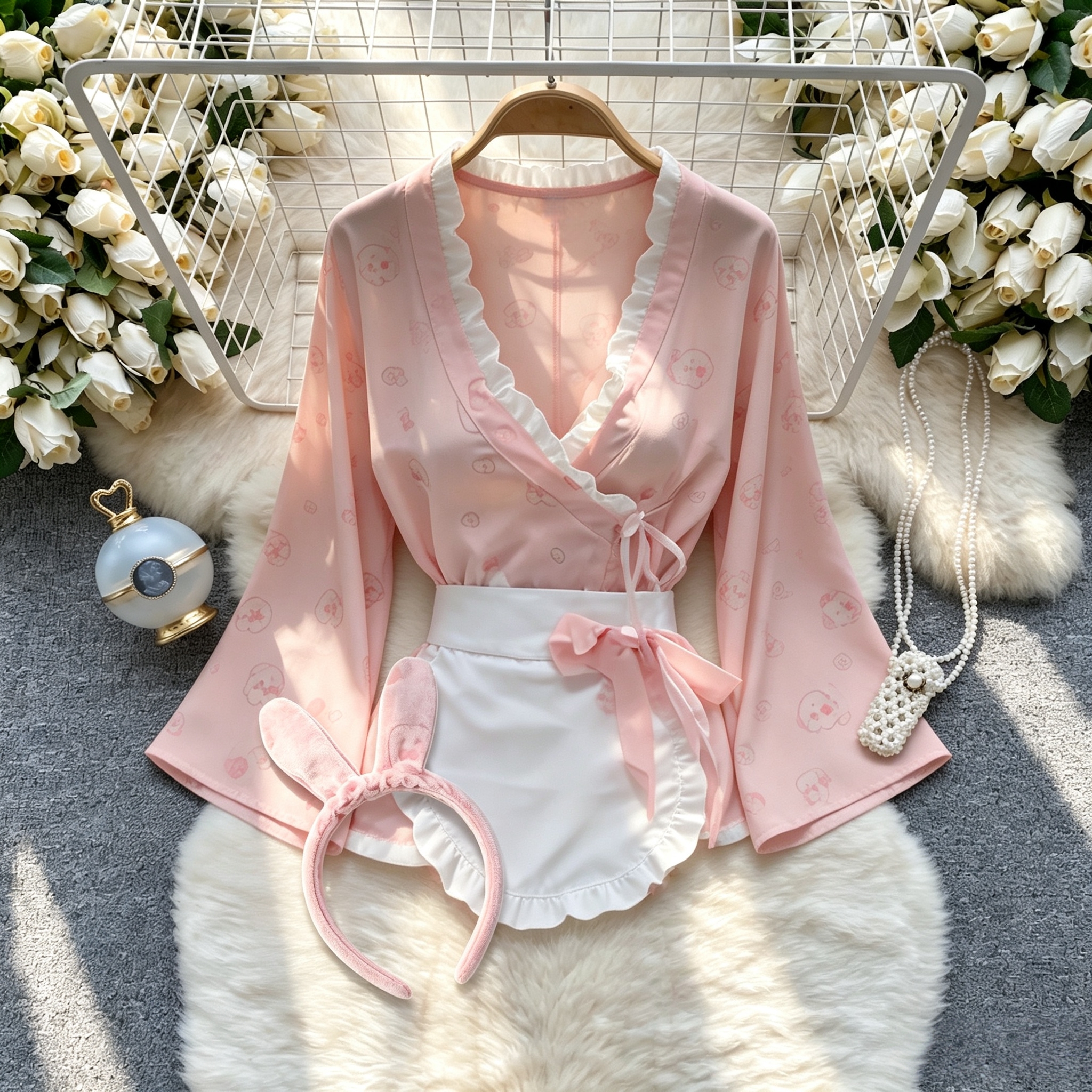 Robe sexy imprimé lapin, kimono tentation, robe à manches longues ajustée avec nœud, mignonne, douce, pure, désirable, charmante et élégante