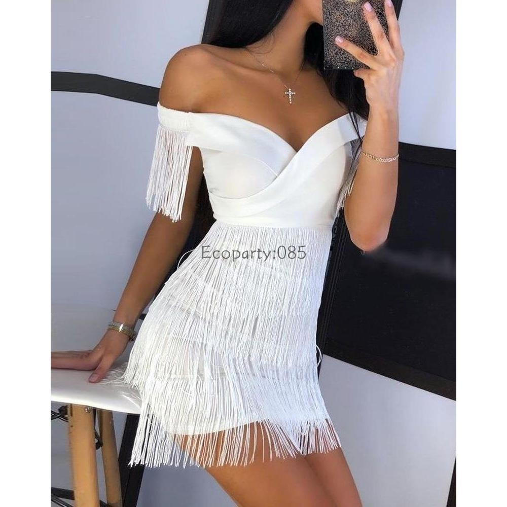 Robe de soirée sexy à col en V pour femmes, jupe à franges à une épaule, robe de tempérament pour dames, robe mince à manches courtes, robe de club, robe éducative
