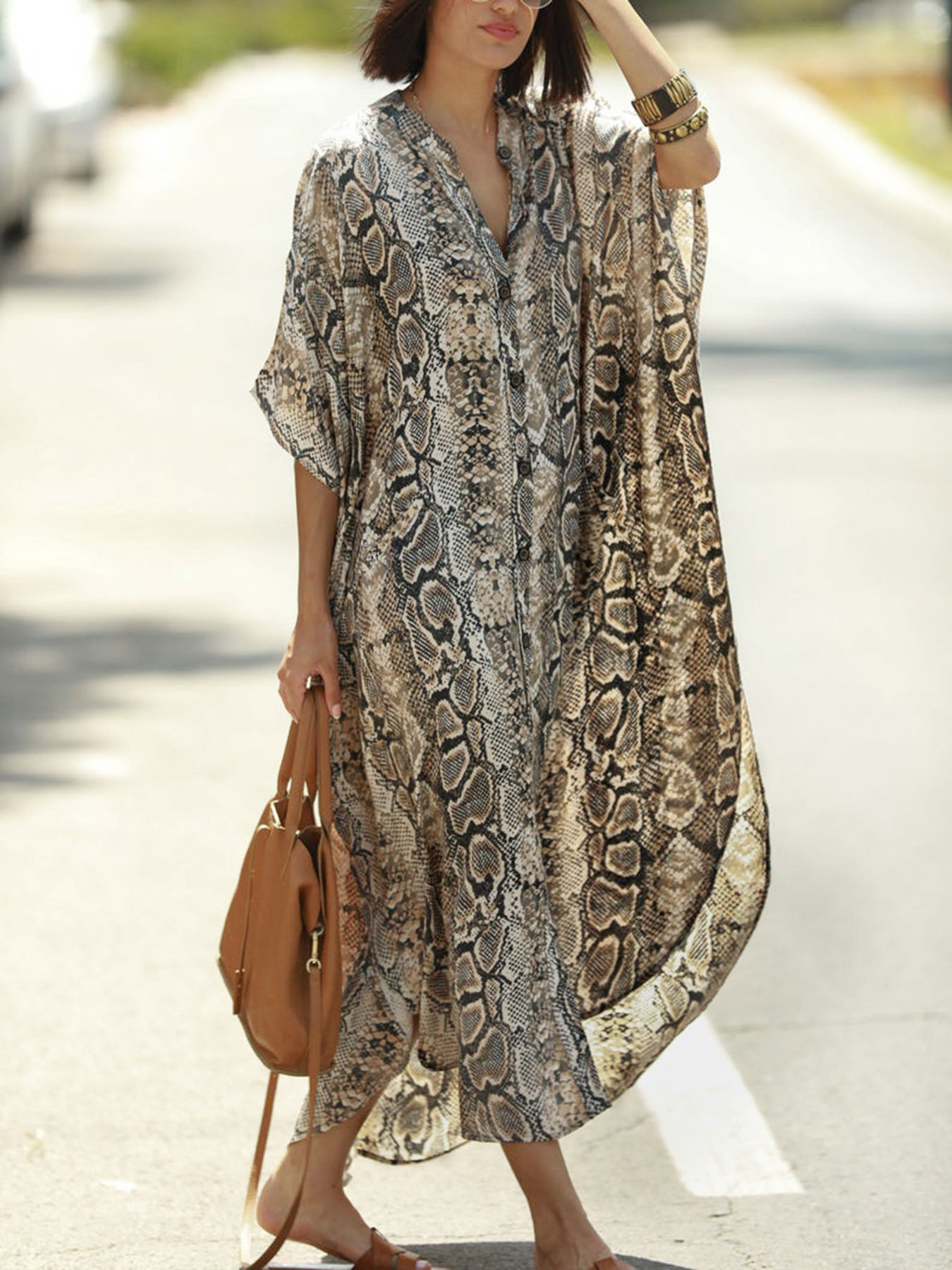 Paréo de plage à imprimé bohème |   Robe caftan de style chemise à boutons – Parfaite pour les vacances à la plage ou au bord de la piscine