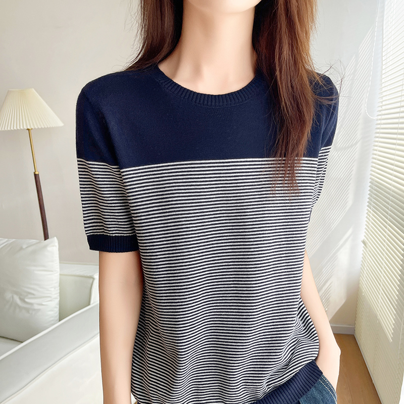 T-shirt rayé à manches courtes pour femmes, t-shirts pull, chemisier à col rond, été, 100% coton