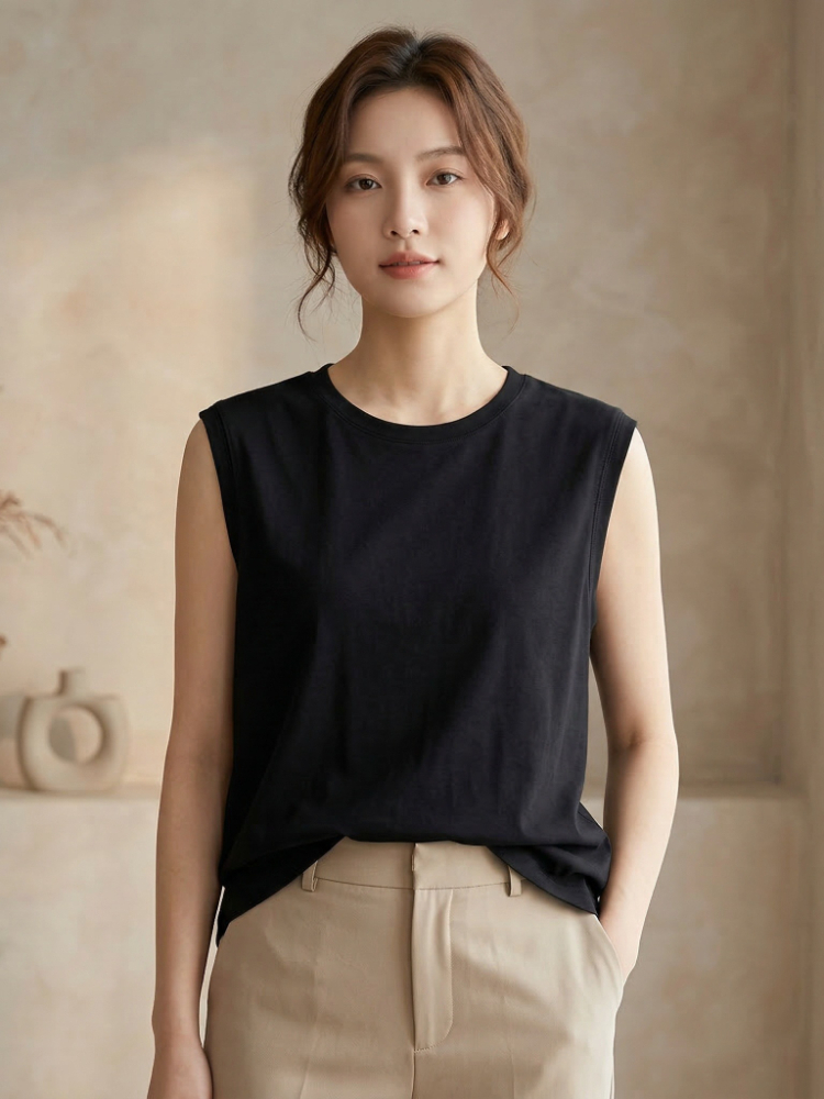 Débardeur Femme Été 2026 en Coton Col Rond Sans Manches Couleur Unie avec Poignets Côtelés Coupe Ample Décontractée Polyvalente