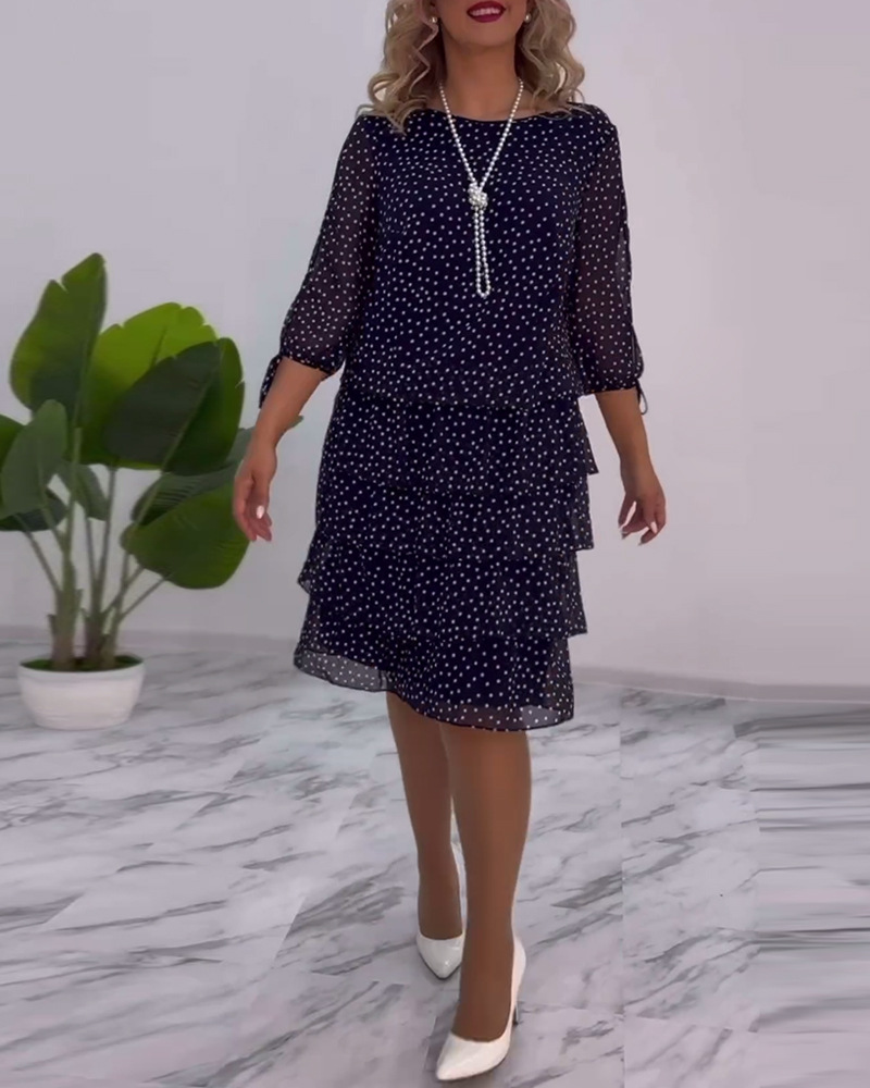 Robes femmes robe à plusieurs niveaux vague point imprimé col rond trois quarts manches mi-longue une ligne automne bureau dame robes