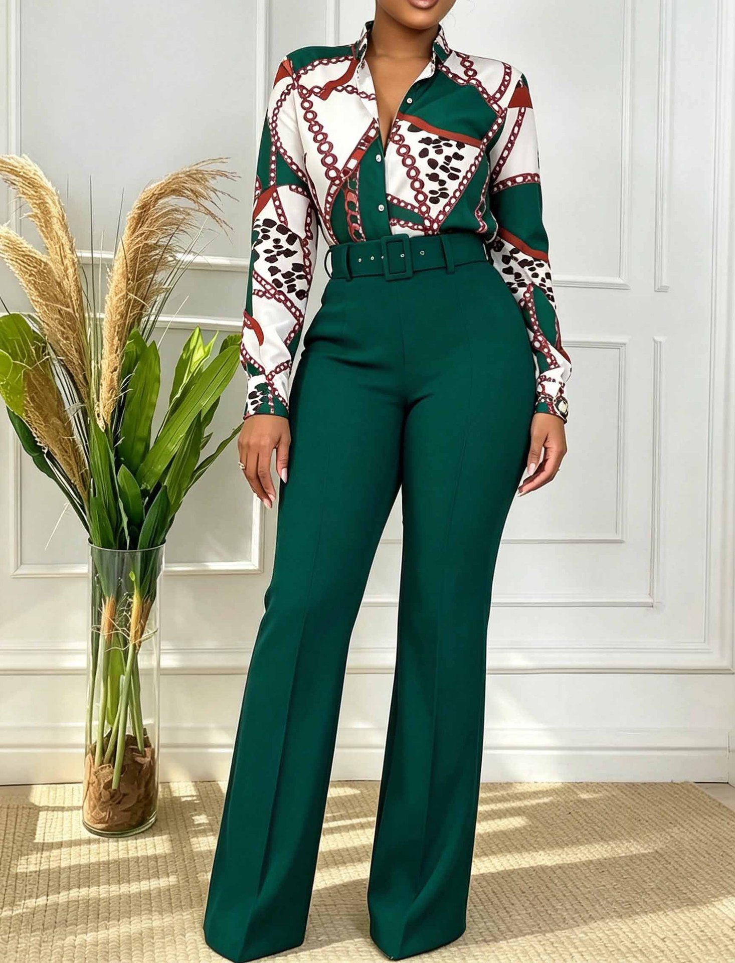 Ensemble élégant pour femmes automne 2026, comprenant un haut à manches longues à col montant imprimé et un pantalon droit, ensemble décontracté deux pièces.