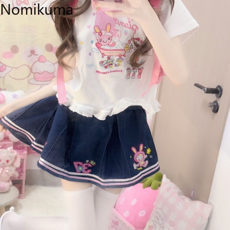 Denim Mini jupes 2025 Faldas Mujer De Moda mignon a-ligne douce Jupe été Chic Saia dessin animé broderie plissée Y2k Jupe femmes
