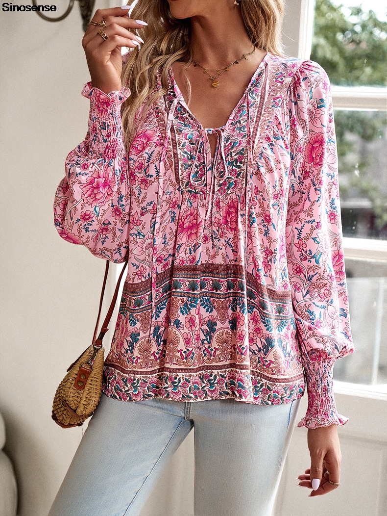Femmes Vintage imprimé fleuri Boho Blouse Sexy col en V à manches longues hauts décontracté Date travail fête été plage Blouses amples chemises