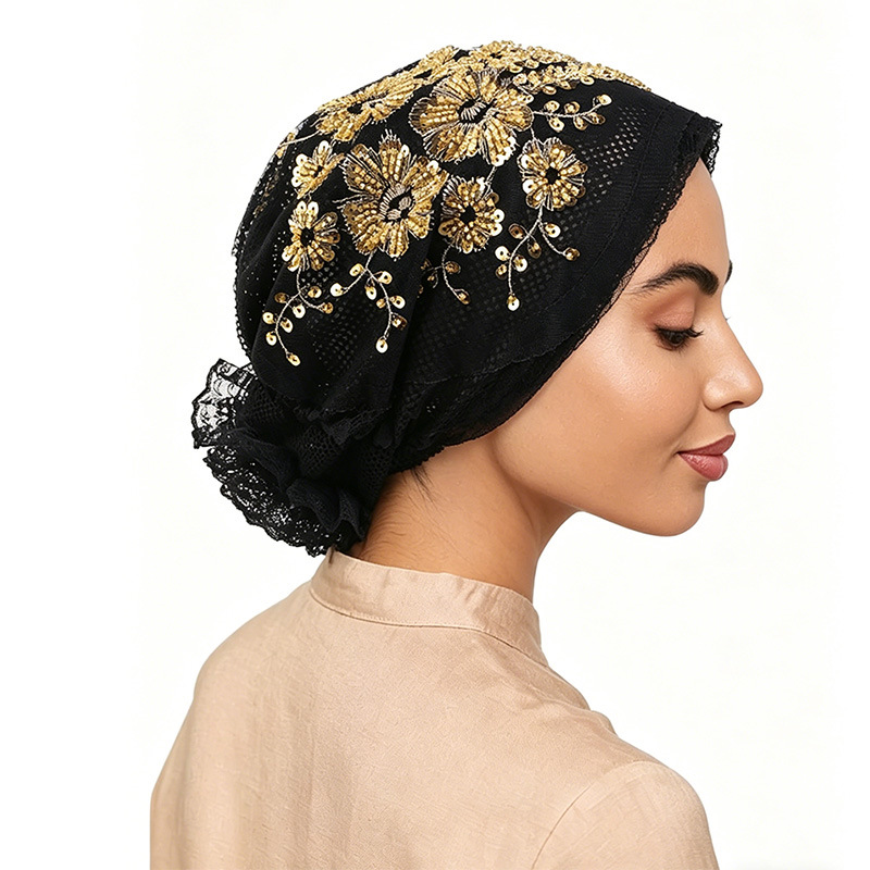 Turban en dentelle fleurie brodée pour femme, foulard musulman, bonnets, hijabs intérieurs prêts à porter