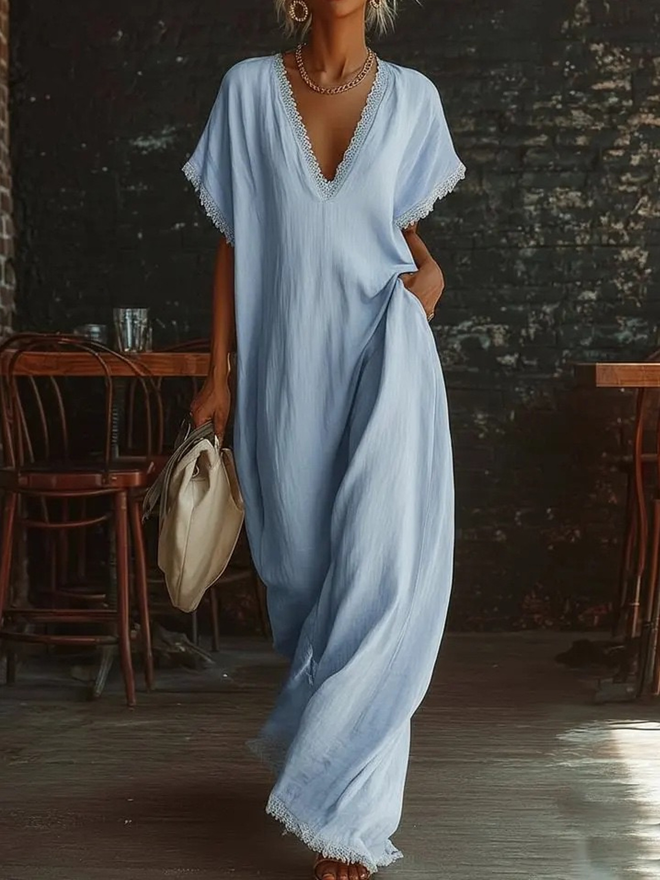 Robes décontractées pour femmes Tendances 2026 Robe longue ample sexy à col en V et dentelle Manches courtes d'été Robe longue bohème pour les vacances