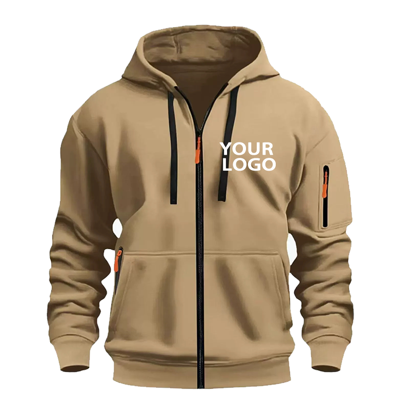 Sweat à capuche de sport décontracté pour hommes, Logo personnalisé, avec poche zippée complète, à la mode, avec poche sur les bras, pour l'extérieur, à manches longues, DIY