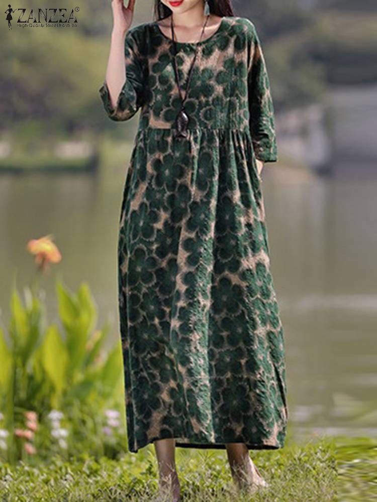 ZANZEA Vintage imprimé fleuri robes femmes bohème Robe longue automne à manches longues Maxi Robe d'été élégant vacances Robe robes