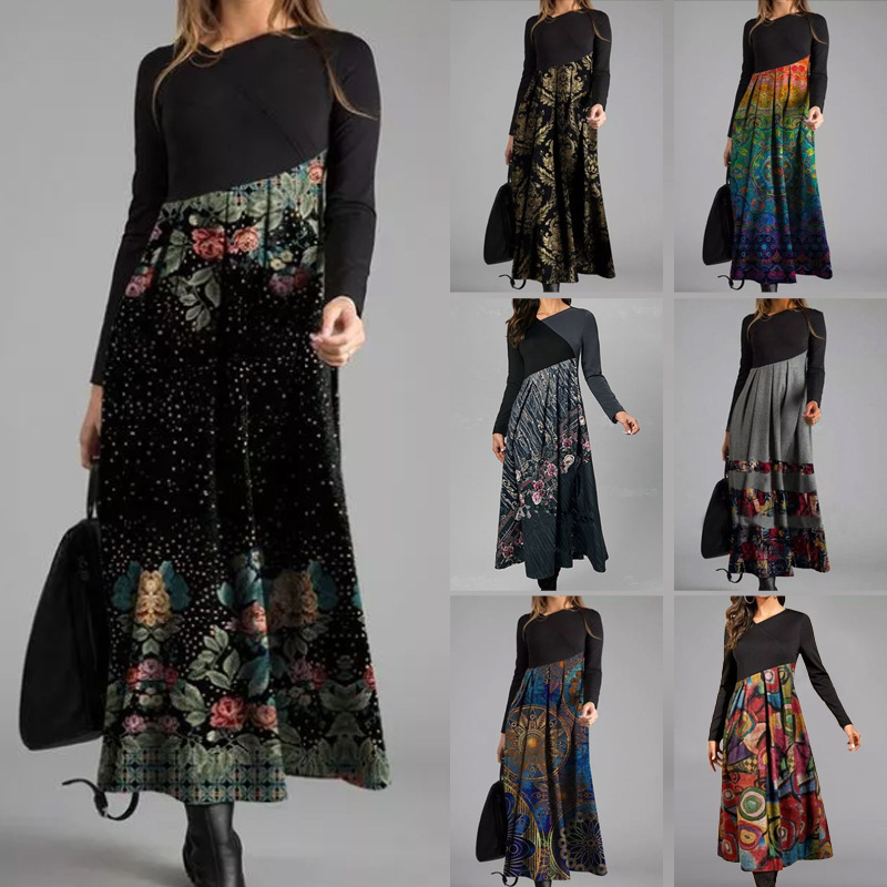 2025 robe automne Roupas Femininas col en v bohème imprimé à manches longues coupe ajustée bureau déplacements et loisirs Robes Soiree Femmes