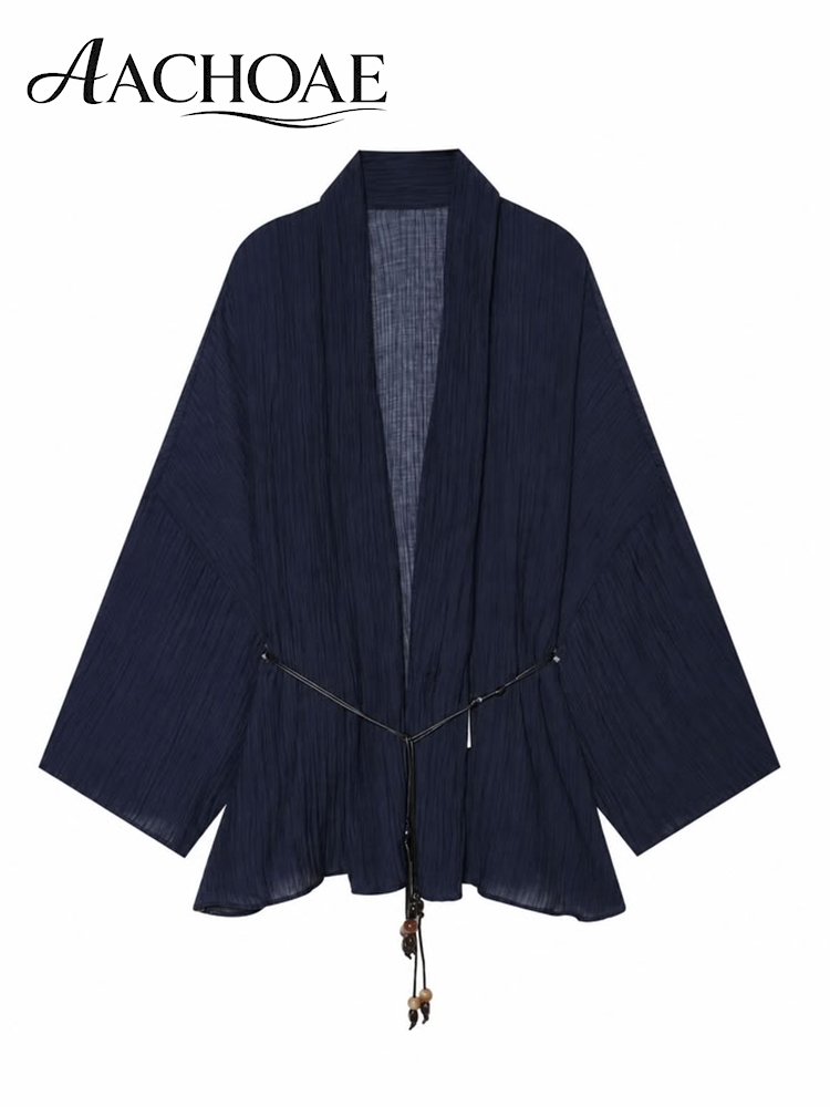 AACHOAE – Cardigan kimono froissé pour femme, col en V profond, manches chauve-souris, chemisier ample à nouer à la taille, tenue décontractée pour la plage et les vacances