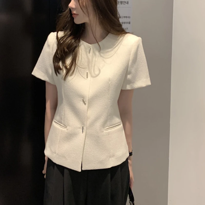 Manteau élégant de Style français pour femmes, Vintage, haut de gamme, col rond, assorti avec tout, amincissant, manches courtes, été