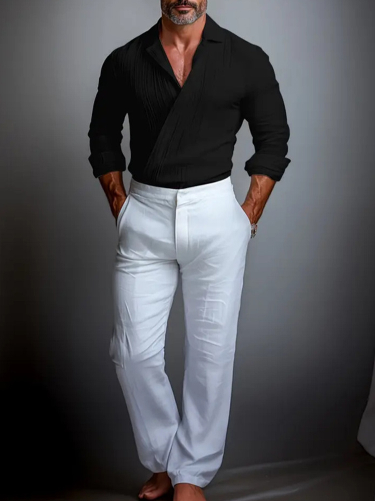 Chemisier Slim élégant pour hommes, chemises à manches longues, Design à revers croisé, hauts Vintage, couleur unie, chemise texturée, printemps automne