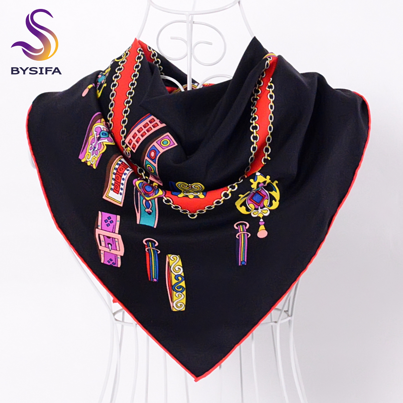 Bysifa-Foulard carré en sergé noir pour femme, châle élégant de haute qualité, 90x90cm, collection printemps-automne