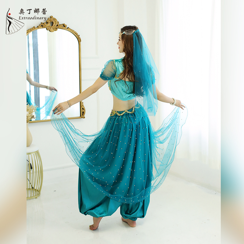 Costume de danse orientale Aladdin, tenue de cosplay d'Halloween, ensemble haut et pantalon avec voile indien Bollywood, couleur turquoise, pour femmes/filles, costume de fête
