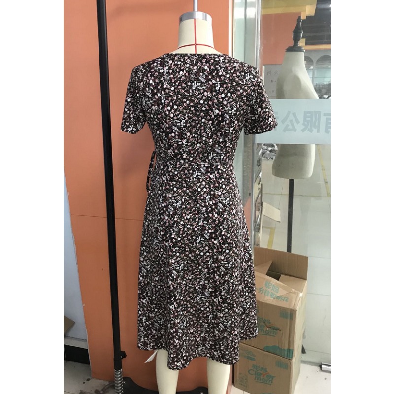 Robe portefeuille florale pour femme, col en V, manches courtes, taille haute, avec liens latéraux, coupe ajustée, longueur midi, décontractée, pour le bureau, l'été ou les soirées