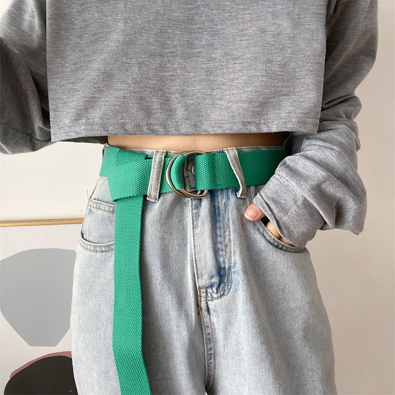 Ceinture en toile de mode couleur unie tendance alliage Double anneau boucle ceinture en plein air décontracté hommes et femmes jean décoration ceinture