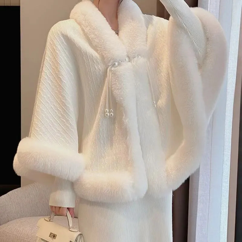 Manteau Cape Élégant Noir et Blanc pour Femme, Col en Fourrure, Automne Hiver, Chaud, Style Artistique, Épais et Polyvalent