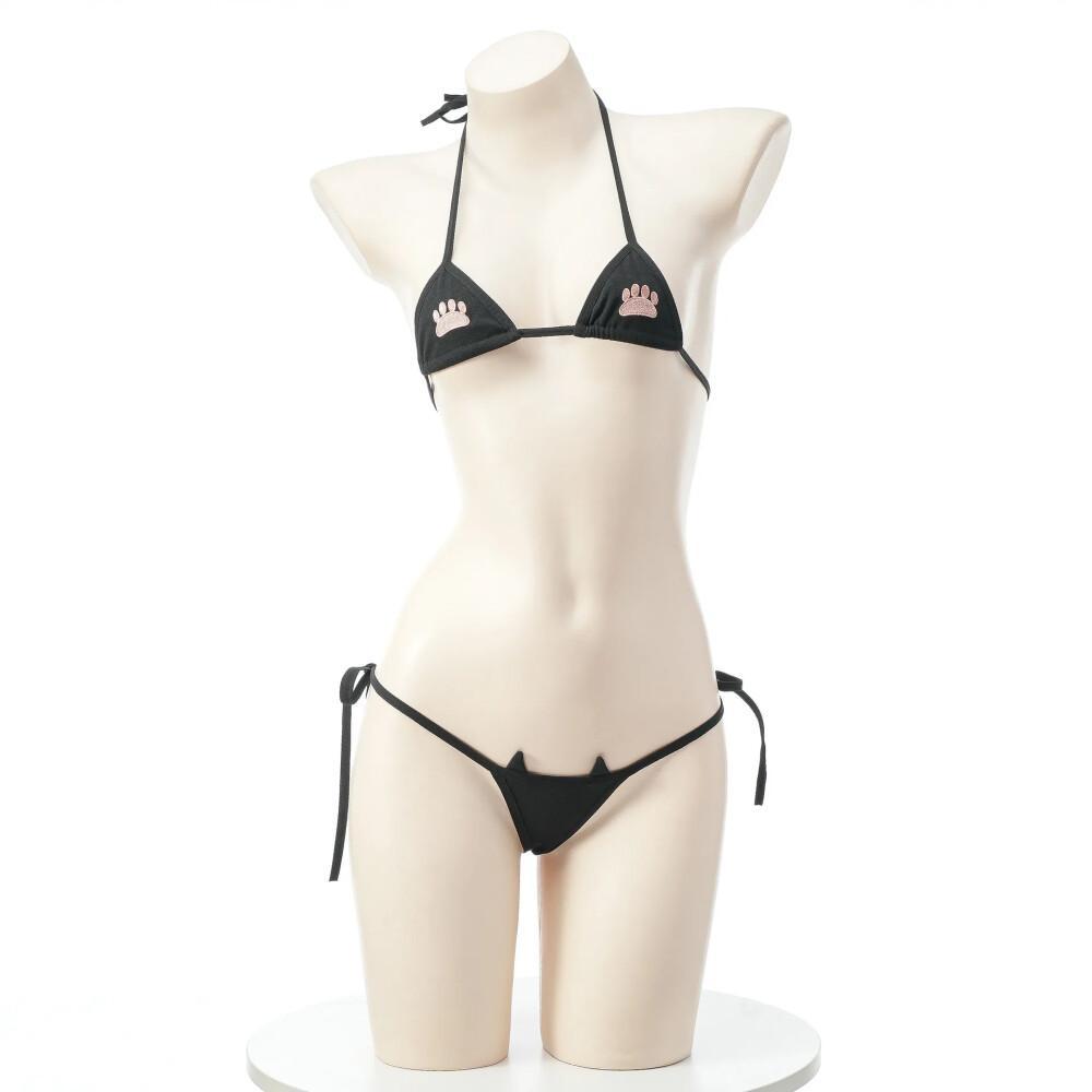 Ensemble bikini imprimé patte de chat Kawaii japonais pour femme, soutien-gorge trois points et culotte, mini maillot de bain