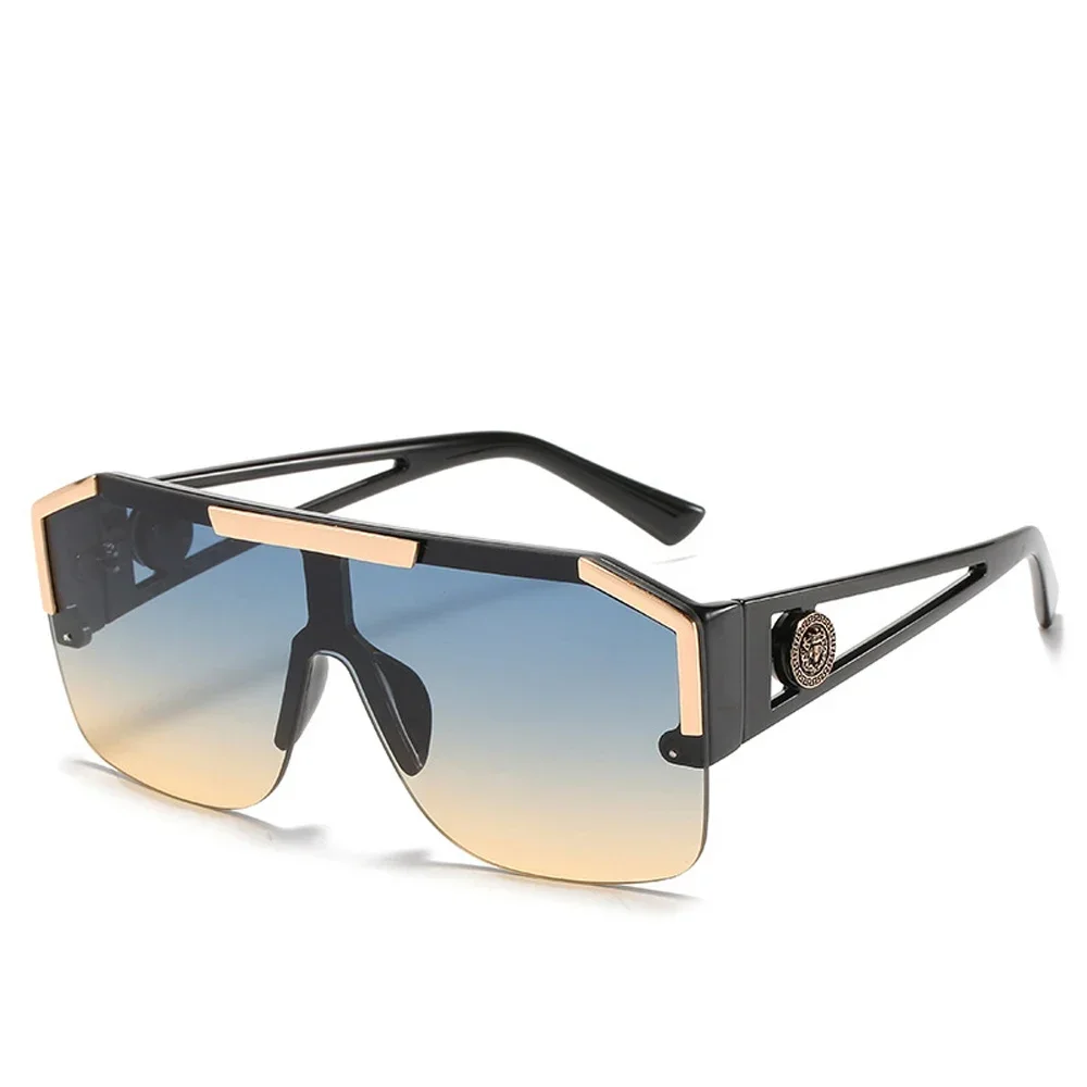 Lunettes de soleil carrées surdimensionnées pour hommes et femmes, marque de luxe, Vintage, grand cadre en métal, semi-sans monture, une lentille, UV400, 2025