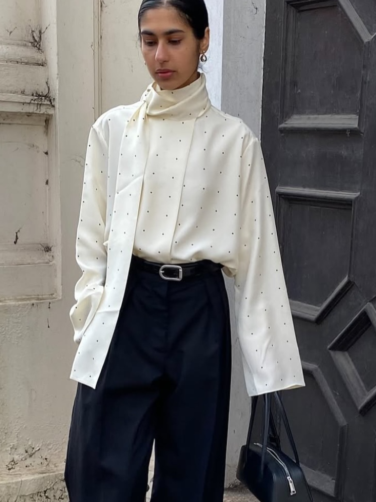 Chemisier en Satin pour femmes, col écharpe, imprimé à pois, mode, manches longues, chemise ample, basique, nouvelle collection automne, vêtements de trajet Highstreet
