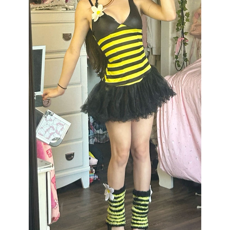 Ensemble de costume d'abeille pour femmes, robe tutu rayée avec ailes d'abeille, serre-tête à antennes, baguette d'abeille, cosplay d'Halloween