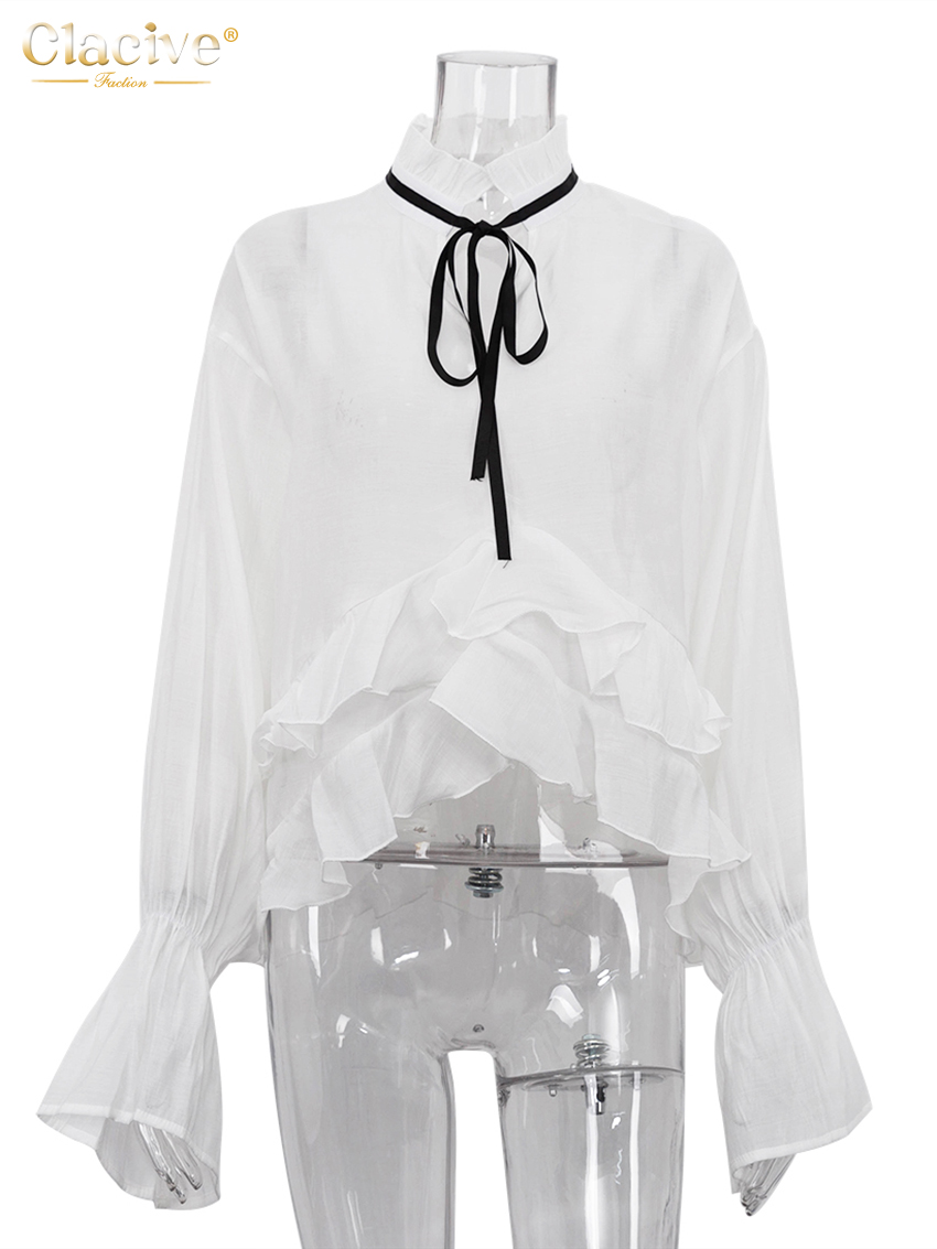 Clacive – chemise blanche ample et Sexy pour femmes, chemisiers à manches longues et col à volants, élégants, transparents, à la mode, 2024