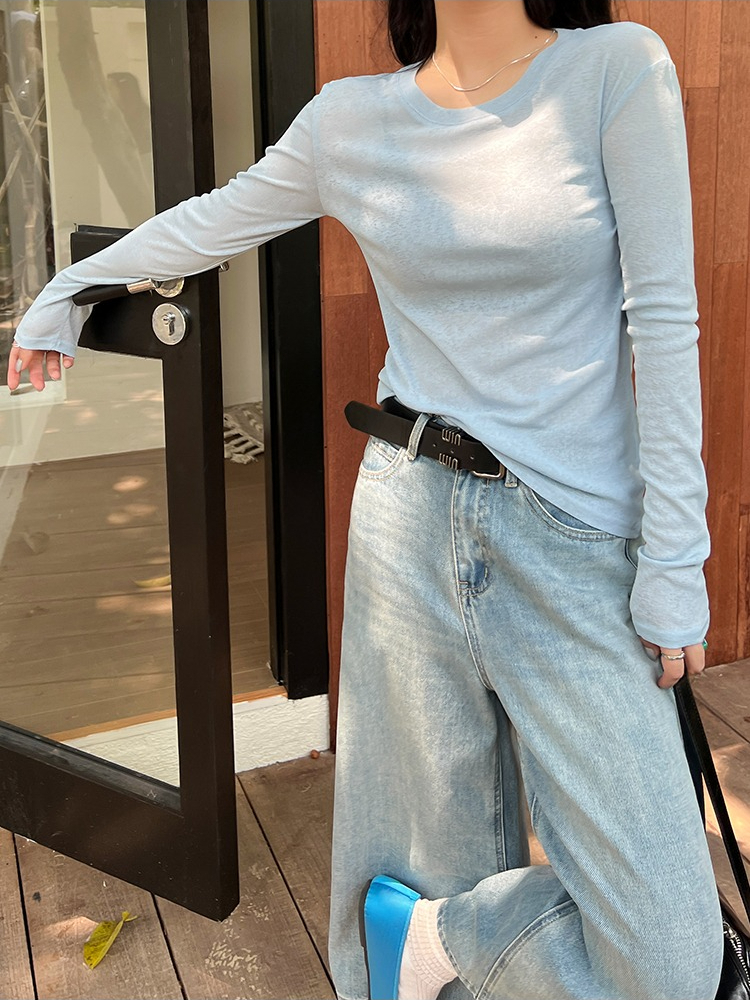 Nouveau T-shirt décontracté ample en soie glacée couleur unie pour femme, protection solaire fine, manches longues, transparent, collection été 2026