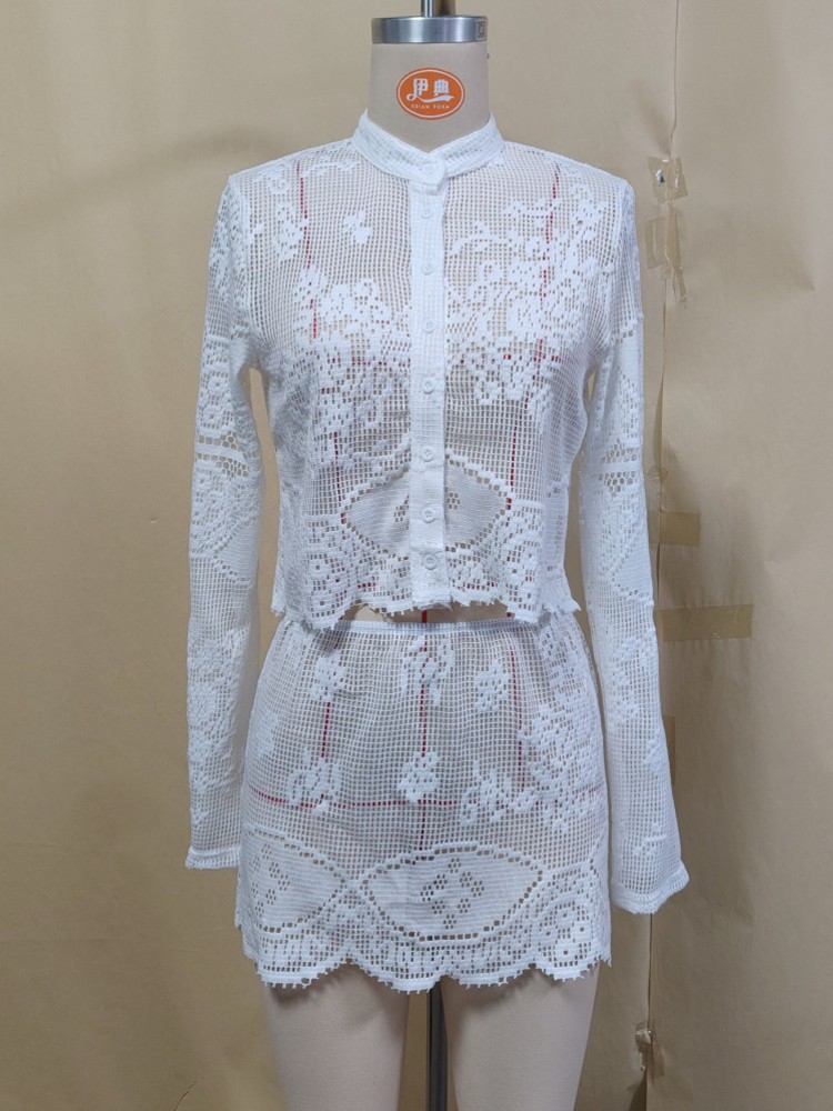 Ensemble 2 pièces en tricot crochet uni à manches longues, paréo de plage, short de plage, vêtements de plage pour femme