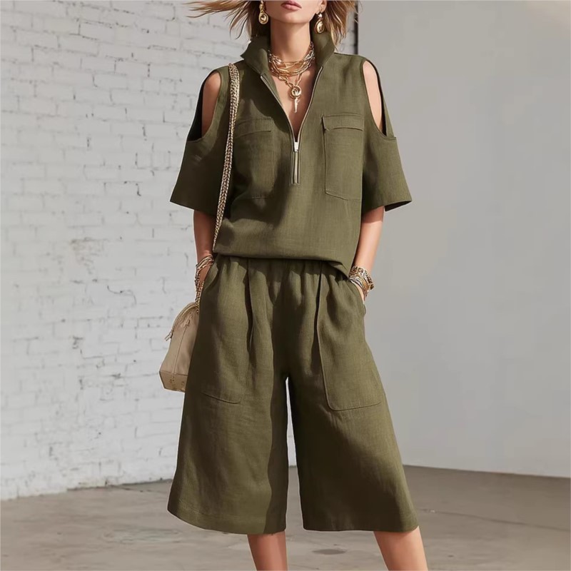 Nouvel ensemble deux pièces décontracté pour femme été 2026 : chemise à manches courtes et short ample avec poches – Collection mode féminine
