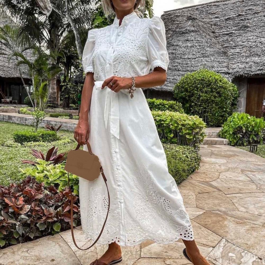 2025 femmes robe évider broderie simple boutonnage grand ourlet à lacets grand ourlet Maxi robe cheville longueur femmes plage robe d'été