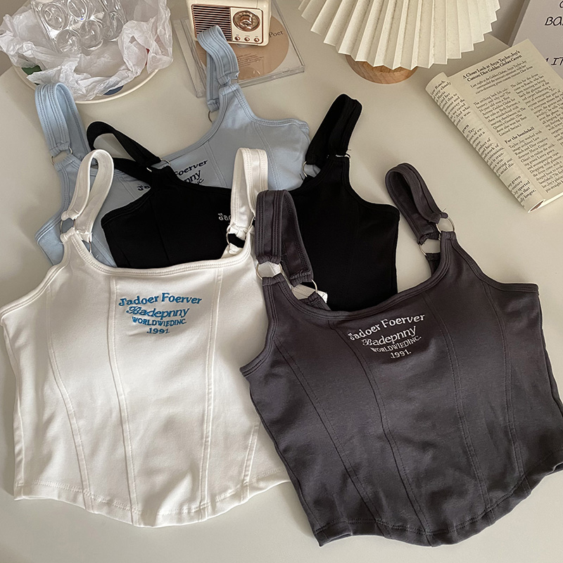 Débardeur avec lettres brodées pour femmes, avec coussinet de soutien-gorge, Camis décontracté Y2K, haut court pour femmes, ceinture d'épaule, anneau en fer