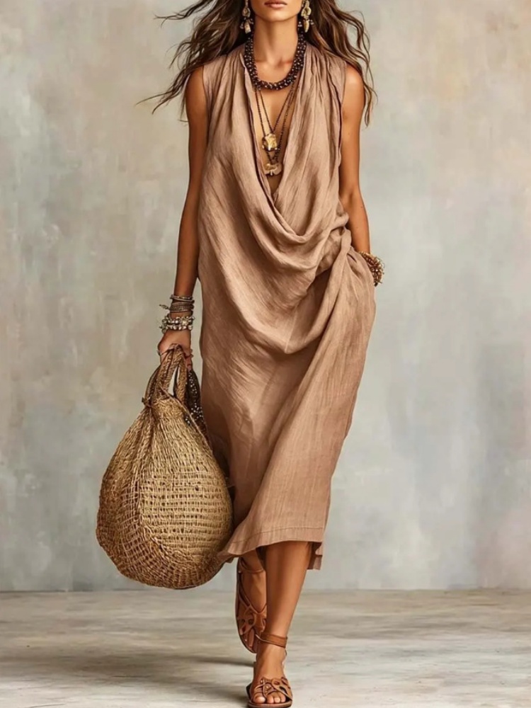 Robe longue élégante en coton et lin pour femme, col drapé ample, sans manches, avec poches, style décontracté pour l'été, la plage et les vacances