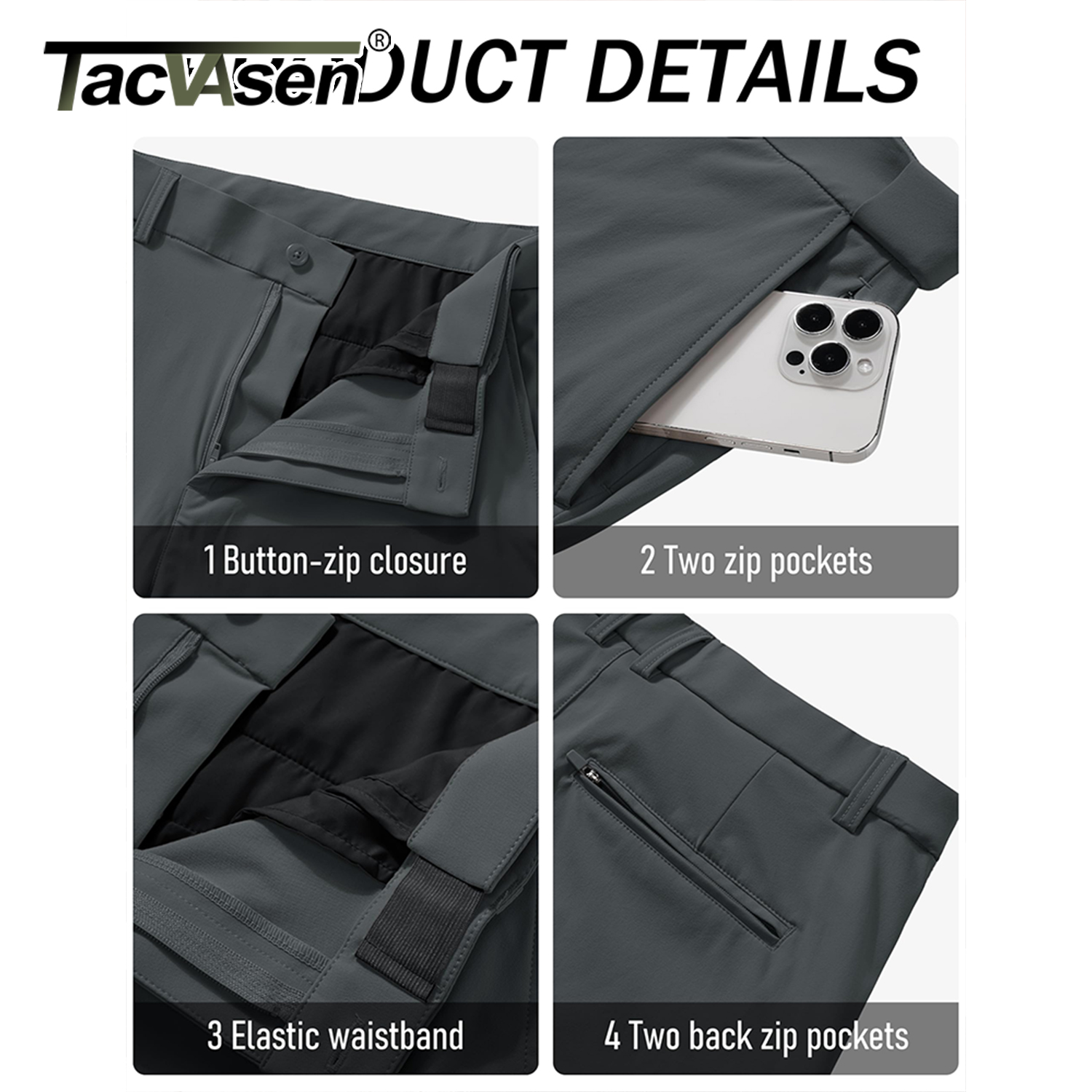 TACVASEN Pantalon décontracté pour homme, jambes droites, devant plat, imperméable, taille extensible, pour golf, pantalon de travail léger