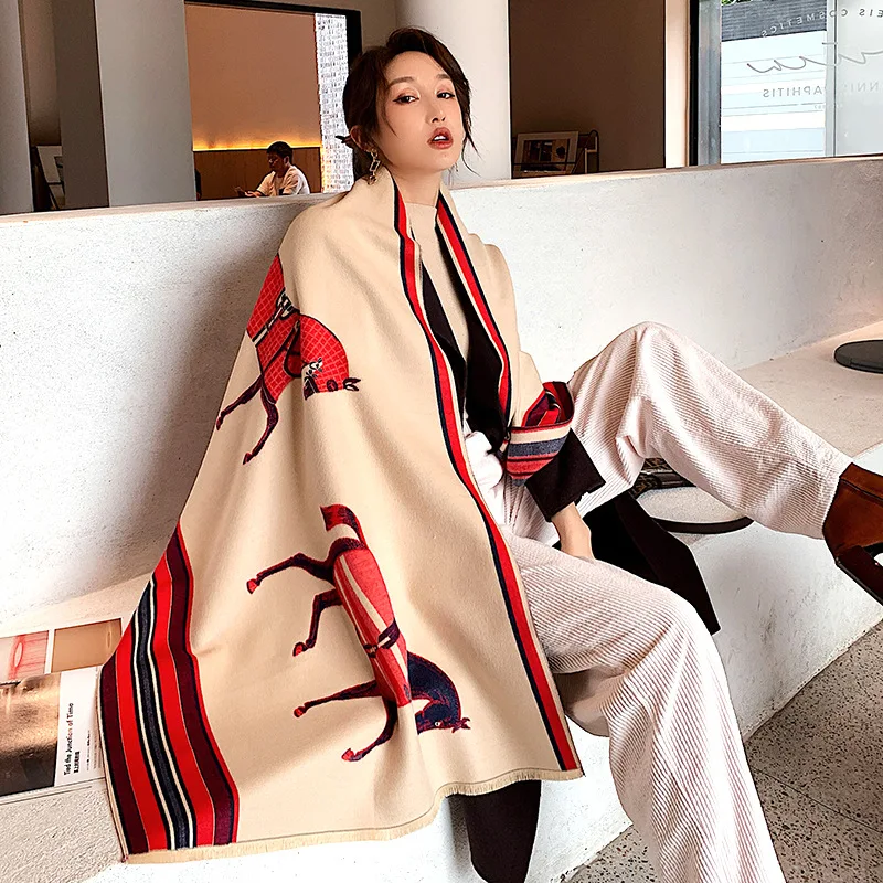 Écharpe en cachemire pour femme, Pashmina chaud, Foulard Lady Horse, Optique féminine, Châles doux, Wraps, Couverture, Marque de luxe, Hiver