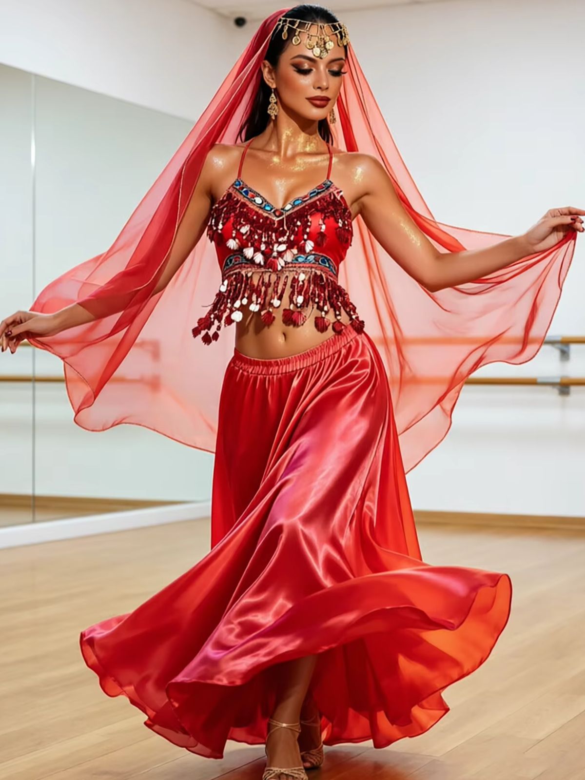Ensemble de costumes de danse orientale pour femmes : haut court à franges perlées, jupe longue évasée en satin, voile de tête en mousseline – Idéal pour scène, style arabe et Bollywood