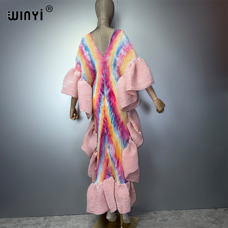 Robe Kaftan Maxi Bohème WINYI Style Moyen-Orient Élégante Plissée Cache-maillot de Plage Élastique Luxe Soirée Fête Dubaï Abaya
