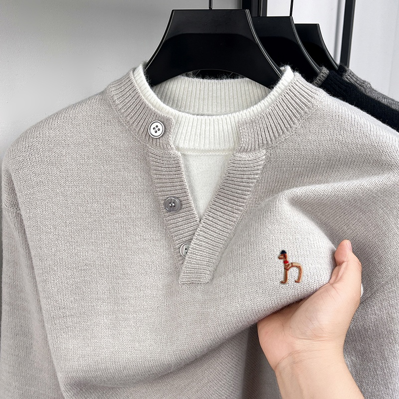 Pull de luxe à manches longues pour hommes, faux deux pièces, boutons, blocs de couleur, broderie, tricot confortable, vêtements de loisirs pour hommes