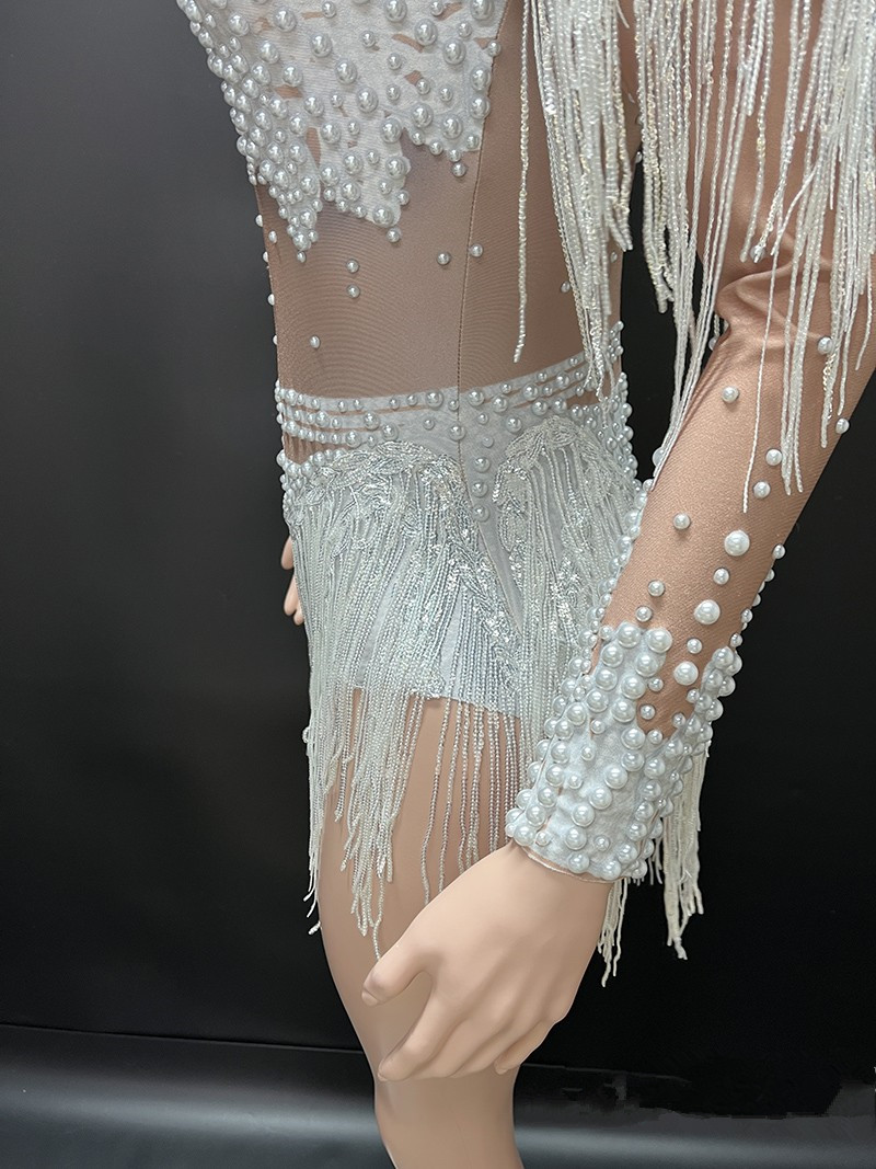 Body extensible à manches longues et col roulé pour femmes, clouté avec pompons et perles, Costumes de scène de Showgirl pour occasions spéciales, robe de danseuse