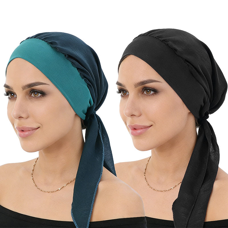 Lot de 2 : Turban pré-noué pour femme musulmane, Foulard Hijab, Bonnet chimio, Foulard pour perte de cheveux, Bandana extensible, Accessoires capillaires