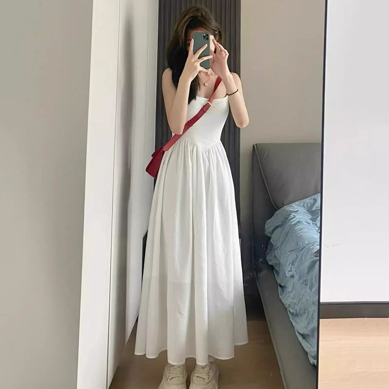 Mode taille haute robe à bretelles femme été décontracté Simple polyvalent longues robes femmes élégant Streetwear robe Camisole