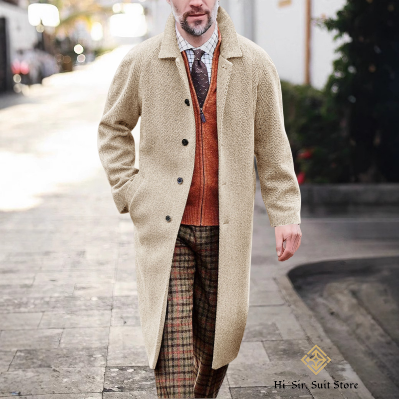 Rétro hommes Long Trench manteau chevrons vestes Tweed coupe ajustée bal Peacoat laine mélange Blazer manteaux décontracté hommes veste d'hiver