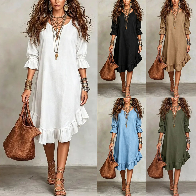 Robe élégante à col en V et manches mi-longues avec détail volanté à l'ourlet, en tissu tissé européen et américain, mode féminine 2026