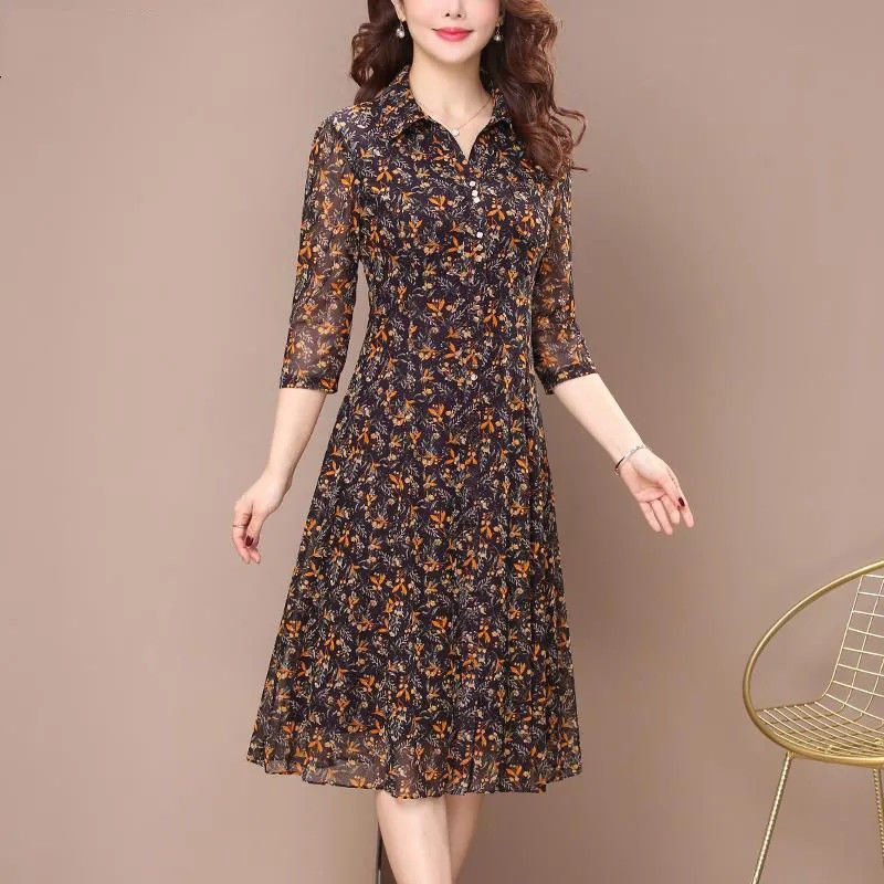 Robe mi-longue à manches longues pour femmes, imprimé Floral, col rabattu, élégant, vêtements d'été, Slim, décontracté, boutons